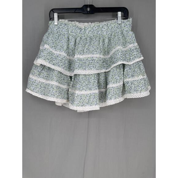Aerie Skirt Womens XL White Floral Mini Ruffle Tiered Lace Cottage Boho Green - Picture 1 of 6